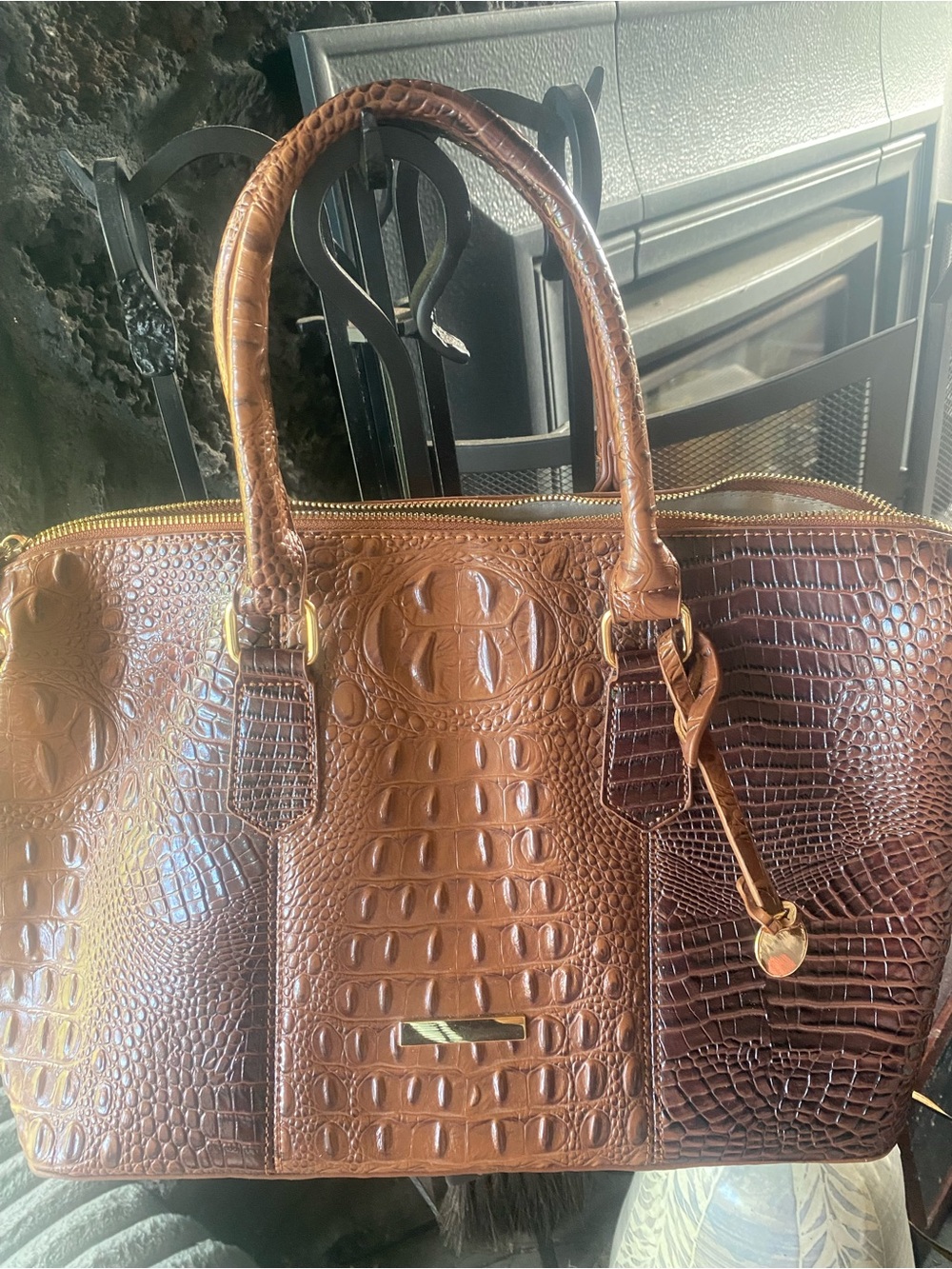 Croc Embossed Brown Leather Satchel Bag Structured Top Handle